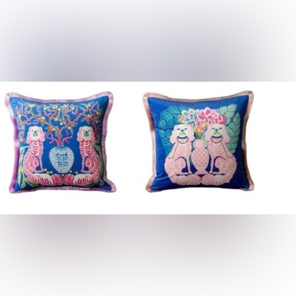 Pillow Cover Grandmillennial Monkeys - Pink Green Chinoiserie Staffordshire Dogs - Picture 1 of 17